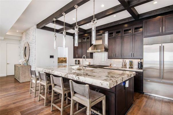 Interior, Kitchen, Pendant Lights, Recessed Lighting, Stainless Steel Appliances, Wooden Beams, Wood Texture Flooring