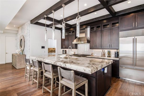 Interior, Kitchen, Pendant Lights, Recessed Lighting, Stainless Steel Appliances, Wooden Beams, Wood Texture Flooring