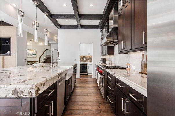 Interior, Kitchen, Pendant Lights, Recessed Lighting, Stainless Steel Appliances, Wooden Beams, Wood Texture Flooring