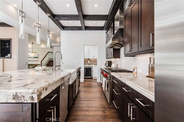 Interior, Kitchen, Pendant Lights, Recessed Lighting, Stainless Steel Appliances, Wooden Beams, Wood Texture Flooring