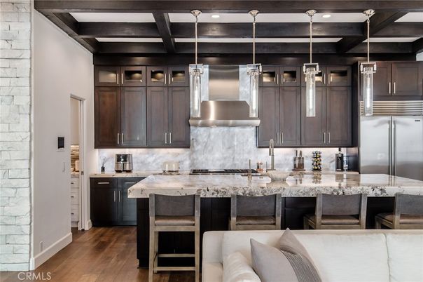 Interior, Kitchen, Pendant Lights, Stainless Steel Appliances, Stone Walls, Wooden Beams, Wood Texture Flooring