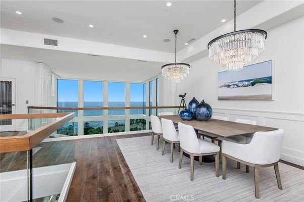Chandelier, Dining room, Interior, Recessed Lighting, Water, Wood Texture Flooring