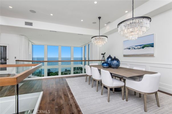 Chandelier, Dining room, Interior, Recessed Lighting, Water, Wood Texture Flooring