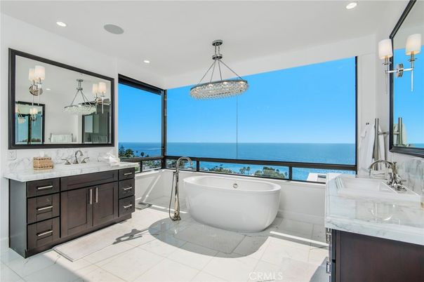Bathroom, Dual Sink Vanities, Free Standing Baths, Interior, Pendant Lights, Recessed Lighting, Water