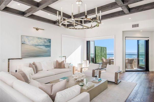 Chandelier, Interior, Living room, Pendant Lights, Recessed Lighting, Water, Wooden Beams, Wood Texture Flooring