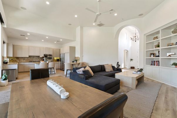 Chandelier, Dining room, Interior, Kitchen, Living room, Recessed Lighting, Stainless Steel Appliances, Wood Texture Flooring