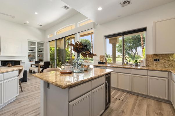 Fireplace, Interior, Kitchen, Recessed Lighting, Wood Texture Flooring