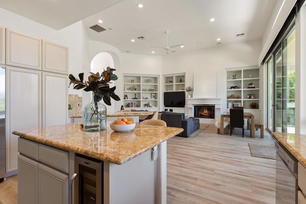 Dining room, Fireplace, Interior, Living room, Recessed Lighting, Wood Texture Flooring