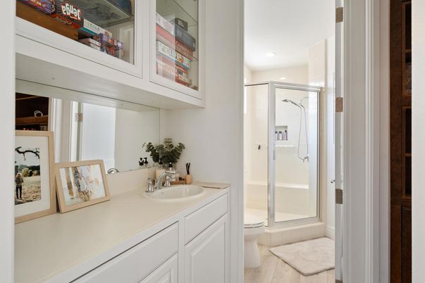 Bathroom, Glass Shower, Interior, Recessed Lighting, Wood Texture Flooring