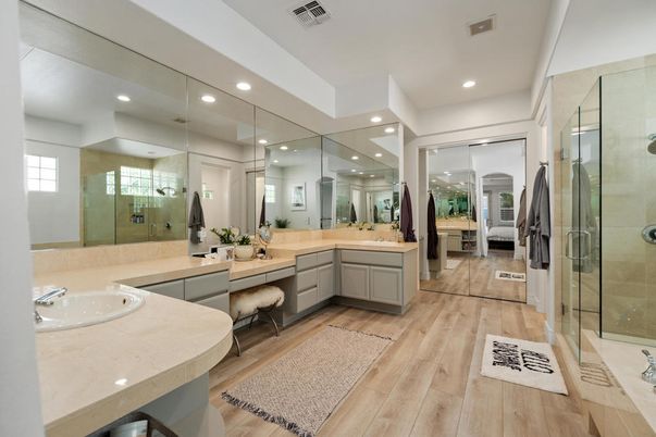 Bathroom, Dual Sink Vanities, Glass Shower, Interior, Recessed Lighting, Wood Texture Flooring