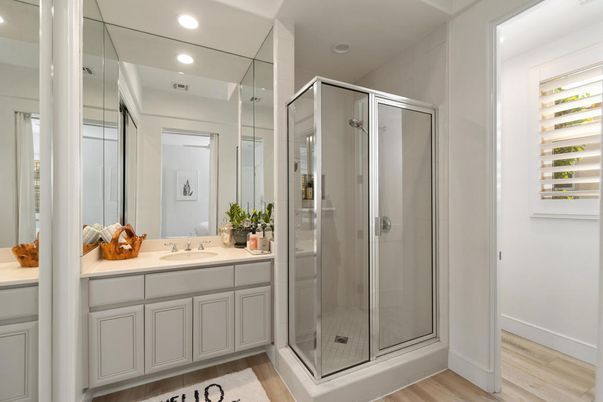Bathroom, Glass Shower, Interior, Recessed Lighting, Wood Texture Flooring