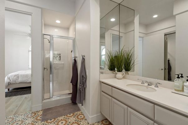Bathroom, Glass Shower, Interior, Recessed Lighting, Wood Texture Flooring