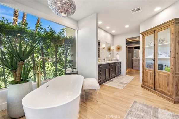 Bathroom, Dual Sink Vanities, Free Standing Baths, Interior, Recessed Lighting, Wood Texture Flooring