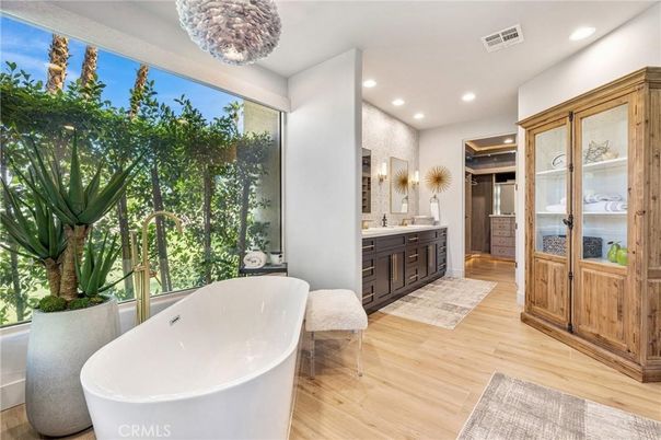 Bathroom, Free Standing Baths, Interior, Recessed Lighting, Wood Texture Flooring