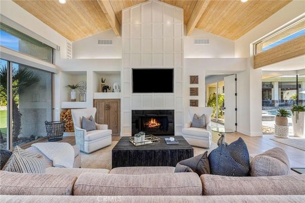 Fireplace, Interior, Living room, Recessed Lighting, Wooden Beams, Wooden Ceilings, Wood Texture Flooring