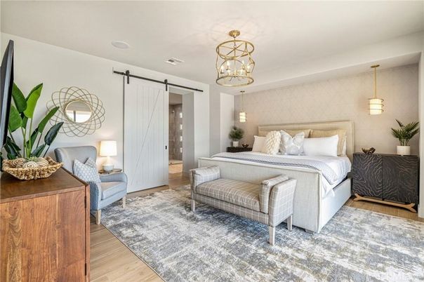 Bedroom, Interior, Pendant Lights, Wood Texture Flooring