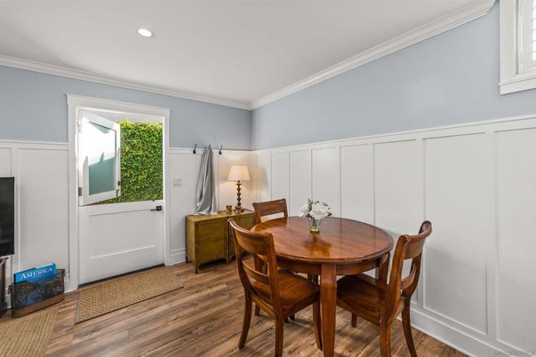 Dining room, Interior, Recessed Lighting, Wood Texture Flooring