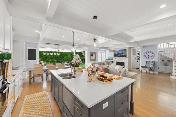 Dining room, Fireplace, Interior, Kitchen, Living room, Pendant Lights, Recessed Lighting, Wood Texture Flooring