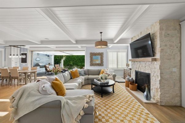 Dining room, Fireplace, Interior, Living room, Pendant Lights, Stone Walls, Wood Texture Flooring
