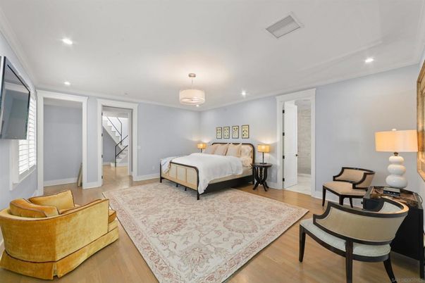 Bedroom, Interior, Pendant Lights, Recessed Lighting, Wood Texture Flooring