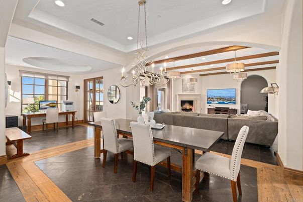 Chandelier, Dining room, Fireplace, Interior, Living room, Pendant Lights, Recessed Lighting