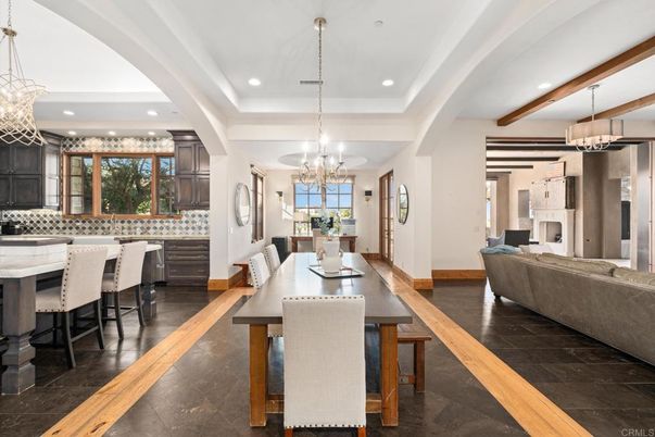 Chandelier, Dining room, Fireplace, Interior, Kitchen, Living room, Pendant Lights, Recessed Lighting, Wooden Beams