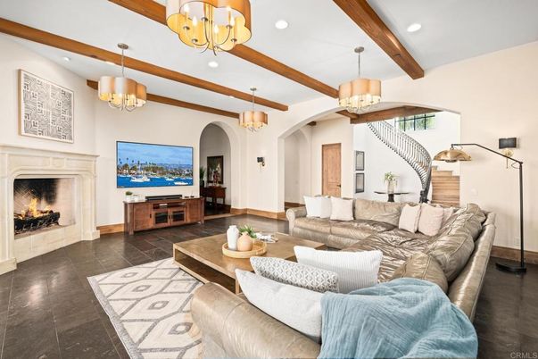 Chandelier, Fireplace, Interior, Living room, Pendant Lights, Recessed Lighting, Wooden Beams