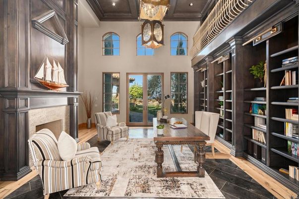 Fireplace, Home Office, Interior, Recessed Lighting, Wooden Ceilings, Wood Texture Flooring