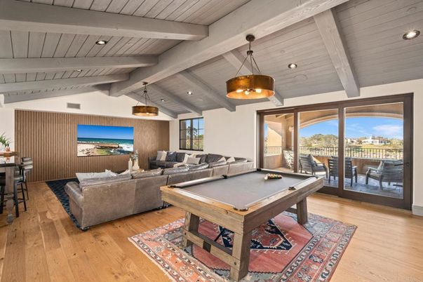 Billiard Table, Game Room, Interior, Living room, Pendant Lights, Recessed Lighting, Wooden Beams, Wooden Ceilings, Wood Texture Flooring