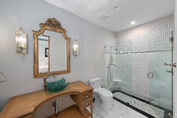 Bathroom, Glass Shower, Interior, Marble, Marble Walls, Recessed Lighting