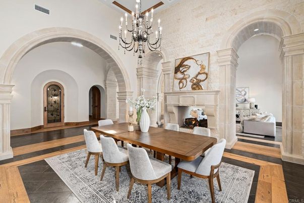 Chandelier, Dining room, Fireplace, Interior, Wood Texture Flooring