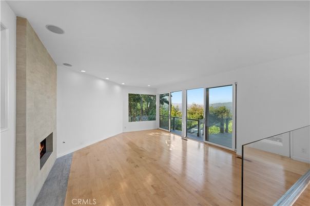 Empty room, Fireplace, Interior, Recessed Lighting, Wood Texture Flooring