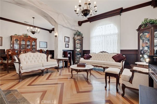 Chandelier, Dining room, Fireplace, Interior, Living room, Wood Texture Flooring