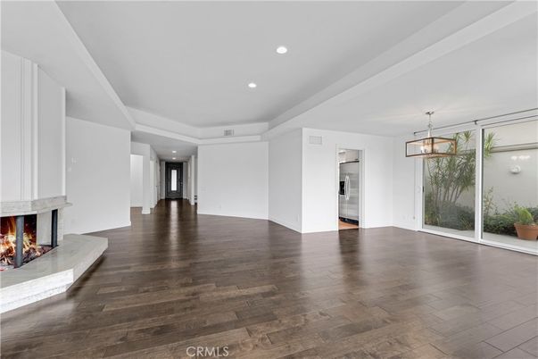 Empty room, Fireplace, Interior, Pendant Lights, Recessed Lighting, Wood Texture Flooring