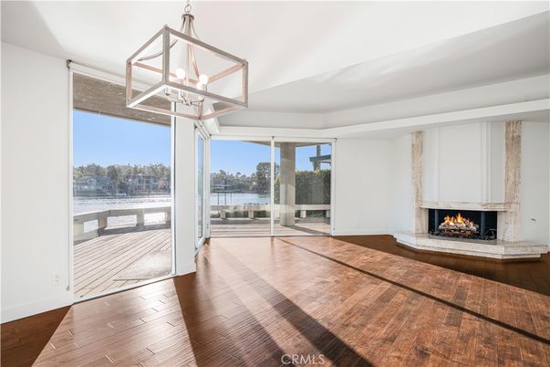 Fireplace, Interior, Pendant Lights, Water, Wood Texture Flooring