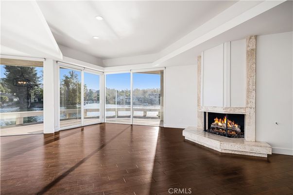Empty room, Fireplace, Interior, Recessed Lighting, Wood Texture Flooring
