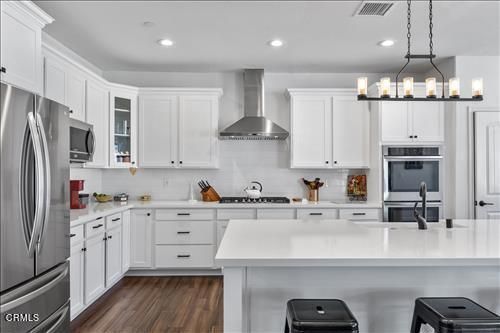 Chandelier, Interior, Kitchen, Recessed Lighting, Stainless Steel Appliances, Wood Texture Flooring