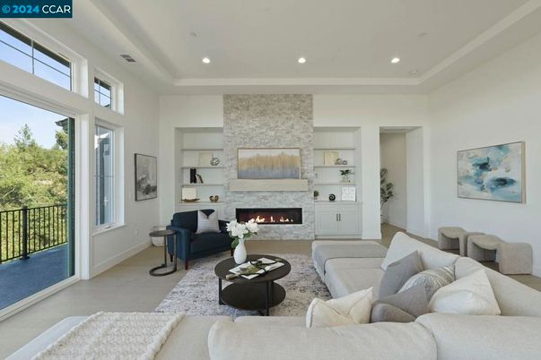 Fireplace, Interior, Living room, Recessed Lighting, Stone Walls