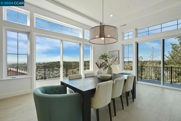 Dining room, Interior, Pendant Lights, Recessed Lighting, Wood Texture Flooring
