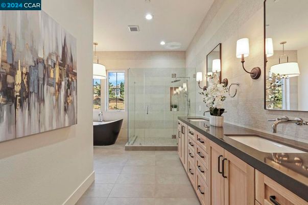 Bathroom, Dual Sink Vanities, Free Standing Baths, Glass Shower, Interior, Pendant Lights, Recessed Lighting