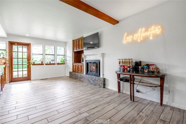 Fireplace, Interior, Recessed Lighting, Wooden Beams, Wood Texture Flooring