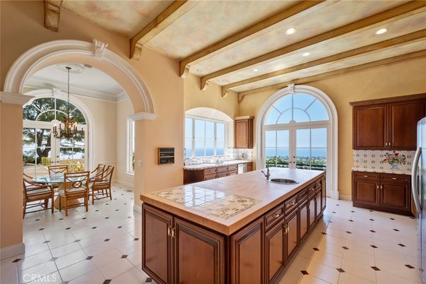 Chandelier, Dining room, Interior, Kitchen, Recessed Lighting, Water, Wooden Beams