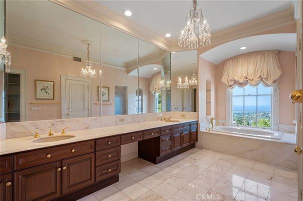 Bathroom, Chandelier, Dual Sink Vanities, Interior, Pendant Lights, Recessed Lighting, Water
