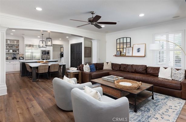 Dining room, Interior, Kitchen, Living room, Pendant Lights, Recessed Lighting, Stainless Steel Appliances, Wood Texture Flooring