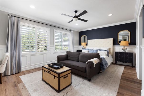 Bedroom, Interior, Recessed Lighting, Wood Texture Flooring
