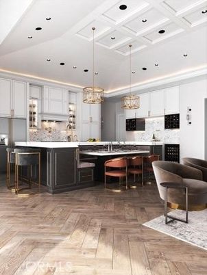 Chandelier, Interior, Kitchen, Pendant Lights, Recessed Lighting, Stainless Steel Appliances, Wood Texture Flooring