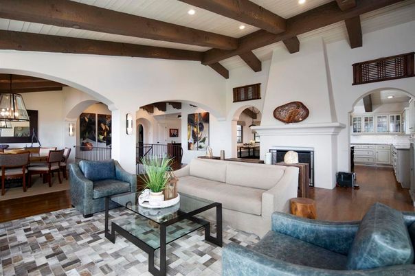 Chandelier, Dining room, Fireplace, Interior, Living room, Pendant Lights, Recessed Lighting, Wooden Beams, Wood Texture Flooring