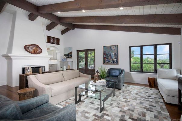 Fireplace, Interior, Living room, Recessed Lighting, Wooden Beams