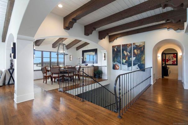 Chandelier, Dining room, Interior, Pendant Lights, Recessed Lighting, Wooden Beams, Wood Texture Flooring