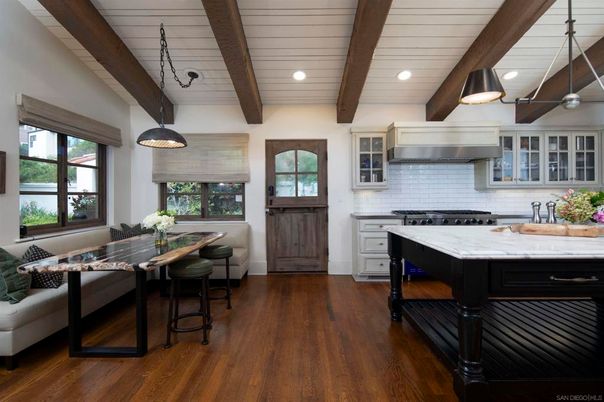 Interior, Kitchen, Pendant Lights, Recessed Lighting, Stainless Steel Appliances, Wooden Beams, Wood Texture Flooring